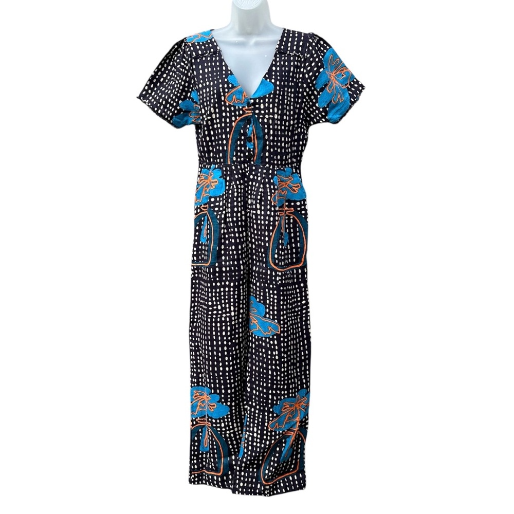 BEL KAZAN Women Sz S Azalea Vase Blue Black Linen Pockets Short Sleeve Jumpsuit.